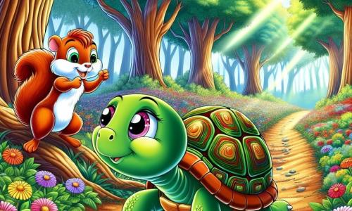 Uma pequena tartaruga chamada Tita, com uma carapaça verde brilhante e olhos curiosos, avança lentamente, mas com determinação, por um caminho de terra cercado de flores coloridas. Ela exibe uma expressão de coragem e concentração, pronta para enfrentar um desafio. Ao seu lado, um esquilo pequeno de pelos ruivos e olhos vivos, sorridente e cheio de energia, a incentiva enquanto salta alegremente em um galho baixo de uma árvore. O cenário é uma floresta encantada, onde árvores majestosas com troncos grossos se erguem, suas folhas brilhantes filtrando a luz do sol e criando padrões dançantes no chão. Flores silvestres de cores vibrantes enfeitam o caminho, e ao longe se ouve o suave murmúrio de um riacho. A cena principal mostra Tita, a tartaruga, atravessando o caminho, determinada a alcançar a linha de chegada da corrida, enquanto o esquilo a incentiva com entusiasmo, simbolizando a amizade e o apoio na aventura.