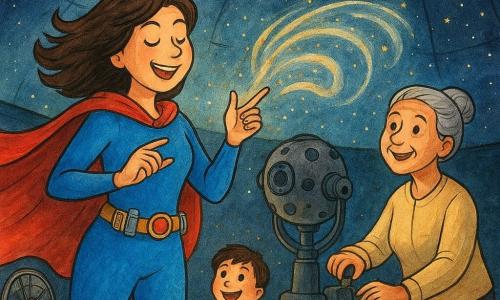 Valentina es una superheroína alegre y concentrada, cabello castaño al viento, capa roja y traje azul con cinturón de artilugios, chasquea los dedos y dirige una brisa; la señora Puri, mujer madura y aliviada, cabello gris recogido, enciende una pequeña lámpara junto al proyector; un niño de unos 7 años, pelo corto y ojos asombrados, sentado al fondo señala la cúpula estrellada; el planetario tiene un gran domo interior oscuro con miles de estrellas luminosas, proyector metálico central, confeti brillante en el suelo y un ventilador antiguo que gira; Valentina en primer plano, manos alzadas como directora, capa flotando, el ventilador crea una espiral de confeti que calma las estrellas traviesas; estilo: tinta colorida, contornos nítidos, colores saturados, texturas de papel visibles, luces suaves y reflejos brillantes; composición: plano medio con ligera contrapicada para mostrar la bóveda, expresiones y gestos claros.