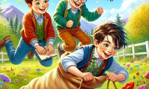 W parku w pełni kwitnienia czterech dziewięcioletnich chłopców bawi się razem. Kuba, chłopiec z brązowymi włosami i błyszczącymi oczami, skacze w worku, głośno się śmiejąc. Olek, z blond włosami i okularami, uważnie obserwuje małą sikorkę na gałęzi, trzymając szkicownik. Marek, z kasztanowymi włosami i figlarnym uśmiechem, szykuje się do skoku, aby dołączyć do Kuby, podczas gdy Tomek, z czarnymi włosami i piegami, pochyla się, aby przyjrzeć się kolorowemu kwiatowi, zafascynowany pszczołami bzyczącymi wokół. Park to prawdziwy wiosenny obrazek, z kwitnącymi drzewami, jaskrawą zieloną trawą i kolorowymi kwiatami tańczącymi na wietrze. Niebo jest jasnoniebieskie, usiane puszystymi białymi chmurami. Chłopcy biorą udział w wyścigu w workach, śmiejąc się i kibicując sobie, podczas gdy ptaki radośnie śpiewają wokół nich. To scena pełna życia i radości, uchwycająca ducha wiosny i przyjaźni.