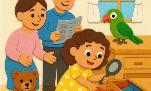 A 4-year-old girl, enthusiastic and focused, round face, brown curly hair, wide eyes, wearing a yellow polka-dot dress and small sandals, holding a plastic magnifying glass and lifting a corner of a cloth in an open wooden drawer; a gentle, reassuring mother (around 30) with a bun and pastel shirt kneeling to the left, hands ready to help and a calm smile; an amused father (around 35) with glasses and a blue sweater standing behind them slightly to the right holding a folded newspaper with a proud look; a bright green parrot named Pickles perched on the counter edge near the drawer with a small red piece on its beak and shiny feathers tilting its head; a brown teddy bear with a yellow bib stained pink (strawberry stain) on the countertop; a warm, bright kitchen with a light wood table and an empty blue plate, a trail of small red juice dots on the tiled floor, a drawer showing napkins and a red cloth underneath, a window with a white curtain—scene: the little detective has just found hidden strawberries in the drawer, triumphant and focused, with the juice trail, magnifying glass, a small folded paper notebook, and the family gathered around, soft atmosphere, bright colors, simple shapes, and crisp EVA-foam-sticker-like contours.