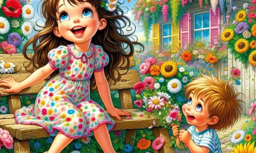 Ein 6-jähriges Mädchen, Emma, mit langen braunen Haaren und strahlenden Augen, sitzt auf einer alten Holzbank in einem blühenden Garten. Sie trägt ein leichtes, buntes Blumenkleid und lächelt voller Staunen. Neben ihr hält ihr 4-jähriger Bruder Tom, mit zerzausten blonden Haaren, einen kleinen Blumenstrauß in den Händen, seine Augen glänzen vor Aufregung. Der Garten ist voller leuchtender Blumen wie weißen Margeriten, roten Mohnblumen und gelben Sonnenblumen, die sanft im Wind wiegen. Im Hintergrund steht eine charmante Holzhütte mit bunten Fensterläden unter einem klaren blauen Himmel, der mit einigen fluffigen weißen Wolken gesprenkelt ist. Die Hauptsituation zeigt Emma und Tom, die fröhlich spielen, umgeben von der Schönheit des Gartens, während sie lachen und die lebendigen Farben der Blumen bewundern, was den unbeschwerten Geist des Sommerurlaubs einfängt.