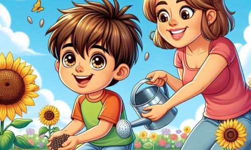 Un niño de 7 años, llamado Pablo, con el pelo castaño alborotado y grandes ojos llenos de curiosidad, está en el centro de la imagen, sonriendo con entusiasmo mientras planta semillas de girasol en un jardín soleado. A su lado, su madre, una mujer de unos treinta años con el pelo castaño recogido en un moño, lleva una camiseta colorida y gafas de sol, lo anima con una sonrisa cálida, sosteniendo una regadera en sus manos. Al fondo, se puede ver un jardín verde, lleno de flores coloridas y plantas en crecimiento, bajo un cielo azul claro con algunas nubes blancas esponjosas. La escena representa el momento alegre en que Pablo y su madre se preparan para hacer crecer sus girasoles, simbolizando la aparición de la vida y la magia de la primavera.