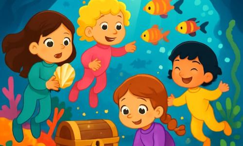 Hay 4 niños: - Luna: una niña de 6 años con largos cabellos castaños, que lleva un traje de buceo turquesa y sostiene una concha brillante, con los ojos abiertos de asombro. - Maia: una niña de 6 años con rizos rubios y una sonrisa radiante, vestida con un traje de buceo rosa, nada junto a Luna, señalando un banco de peces coloridos. - Coral: una niña de 6 años con trenzas pelirrojas, lleva un traje de buceo violeta, agachada en la arena, observando una estrella de mar brillante. - Sira: una niña de 6 años con cabello negro corto, vestida con un traje de buceo amarillo, baila alegremente entre las algas, rodeada de burbujas de aire. El lugar es una hermosa cueva submarina iluminada por rayos de luz que filtran a través del agua clara, con corales multicolores en el suelo y peces de colores nadando alrededor de los niños, creando una atmósfera mágica. La escena principal muestra a los cuatro niños descubriendo un cofre antiguo en el centro de la cueva, rodeado de luces brillantes y criaturas marinas curiosas, mientras se preparan para abrir el cofre y revelar su tesoro escondido.