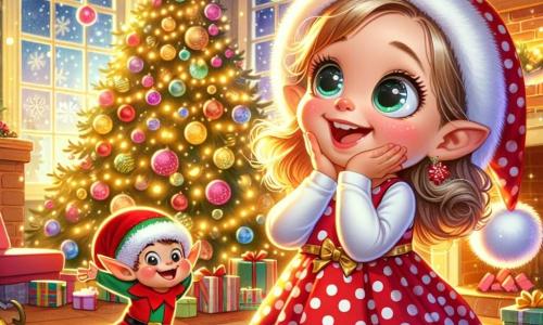 Una bambina di 2 anni, Emma, con grandi occhi brillanti e un sorriso radioso, si trova davanti a un magnifico albero di Natale decorato con luci scintillanti e palline colorate. Indossa un vestito rosso a pois bianchi e un piccolo cappello di Natale, con le guance rosa di gioia. Accanto a lei, un folletto burlone di nome Pipo, con un cappello rosso a punta e orecchie a punta, fa una smorfia divertente. Salta felicemente su un ramo dell'albero, con gli occhi scintillanti di malizia. La scena si svolge in una stanza accogliente, piena di decorazioni natalizie: ghirlande dorate, fiocchi di neve di carta appesi alle pareti e un tappeto morbido sul pavimento. Una luce soffusa illumina la stanza, creando un'atmosfera magica. Emma e Pipo ridono insieme, circondati da regali colorati. Pipo appende una piccola calza su una sedia, mentre Emma applaude entusiasta, incantata dalla magia del Natale.