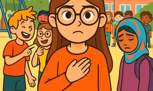 Een 12-jarig meisje, Emma, met lange bruine haren en ronde bril, staat in het midden van het schoolplein. Ze heeft een vastberaden maar bezorgde blik, met licht gefronste wenkbrauwen en een hand op haar hart, alsof ze haar moed verzamelt. Rechts van haar staat Fatima, een ander 12-jarig meisje met zwart haar en een kleurrijke sjaal, iets op de achtergrond, met een treurig gezicht en neergeslagen ogen, met een paarse rugzak. Links lacht Tim, een 12-jarige jongen met messy blond haar en een rode t-shirt, samen met Sophie, een 12-jarig meisje met kastanjebruin haar en een bril, die Fatima bespotten. Ze worden omringd door andere leerlingen die kijken, sommigen geamuseerd, anderen onverschillig. Het schoolplein is vol levendige kleuren, met schommels en groene bomen, maar de sfeer is gespannen. Emma is vastbesloten om in te grijpen en Fatima te verdedigen, vastbesloten om een einde te maken aan de pesterijen.