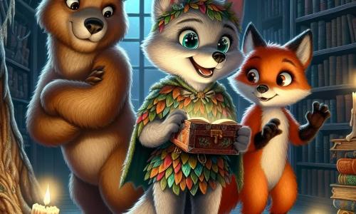 Felix, ein junger Wolf mit funkelnden Augen und weichem, seidig glänzendem Fell, trägt ein wunderschönes Kostüm aus bunten Blättern und glitzerndem Moos. Er steht mit aufgerichteten Ohren und einem breiten Lächeln im Gesicht, voller Aufregung, als er in der Bibliothek eine alte Schatztruhe entdeckt. An seiner Seite beobachtet Luna, eine schlaue Füchsin mit leuchtend rotem Fell und schelmischen Augen, aufmerksam den Inhalt der Truhe, ihr Gesichtsausdruck voller Neugier und Staunen. Max, ein großer, freundlicher Braunbär, steht etwas im Hintergrund mit verschränkten Armen und einem stolzen Lächeln, während er sieht, wie seine Freunde den Schatz entdecken. Die Szene spielt in einer geheimnisvollen Bibliothek, gefüllt mit alten, staubigen Büchern, flackernden Kerzenleuchtern, die tanzende Schatten werfen, und Spinnweben, die die dunklen Ecken schmücken. Mondstrahlen dringen durch die Fenster und beleuchten den alten Holzboden. Die Hauptsituation zeigt Felix und seine Freunde, die den versteckten Schatz entdecken, eine alte Truhe voller geheimnisvoller Karten, während sie in einer geheimen Ecke der Bibliothek stehen, umgeben von einer magischen, verzaubernden Atmosphäre, voller Versprechungen kommender Abenteuer.