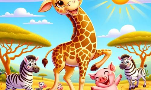 Uma girafa chamada Gigi, com um longo pescoço elegante e manchas douradas na pelagem, dança alegremente no meio de uma savana ensolarada, seu rosto irradiando felicidade e determinação. Ao seu lado, um pequeno porquinho-da-terra, chamado Branquinho, com pelagem rosa e olhos brilhantes, pula de alegria imitando os movimentos de Gigi, enquanto uma zebra de listras pretas e brancas, Zizi, os observa com um sorriso admirativo. Ao fundo, a savana é salpicada de árvores verdes e colinas douradas, sob um céu azul claro com nuvens brancas fofas. A cena representa Gigi e Branquinho dançando juntos, cercados por animais que os incentivam, criando uma atmosfera de festa e camaradagem.
