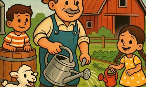 Een ongeveer 50-jarige boer, rond gezicht, dunne grijze snor, met vuile denim tuinbroek en vriendelijke glimlach, houdt een grote glanzende metalen gieter en buigt iets voor om de kinderen te laten zien hoe ze water geven; links van de boer staat Tom, ongeveer 7 jaar, kort kastanjebruin haar, gestreept T-shirt, nieuwsgierig met handen op de rand van een grote houten regenwatertonnen; rechts een meisje van ongeveer 6 jaar met twee bruine vlechten, gele jurk met witte stippen, lachend en met een kleine rode plastic gieter terwijl ze een rij wortels water geeft; een wollig wit lam huppelt vrolijk in het groene gras naar een klein houten hok op de achtergrond; de scène speelt zich af voor een oude rode schuur met zinken dak, een zandpad, nette groentebedden, een grote ton onder een dakgoot en wat hooibalen; hoofdactie: de kinderen helpen de boer de moestuin met regenwater te besproeien op een zonnige dag, warme levendige sfeer, compositie gericht op samenhelpen en het spelende lam; grafische stijl: verzadigde kleuren, dikke zwarte contouren, elastische verhoudingen, eenvoudige silhouetten, zachte schaduwen en lichte korreltextuur voor een retro schetsuitstraling.