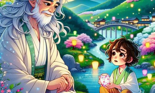 Hoshinari, a man with a gentle and kind face, has silver hair that shines like stars. He wears a flowing robe in vibrant seasonal colors, and his gaze is filled with curiosity and determination. He stands on a green hill, observing the village below. Beside him, an eight-year-old girl with curly brown hair holds a colorful paper lantern. She looks worried, her eyes sparkling with tears as she searches for her precious treasure. Sitting on a rock with crossed legs, she gazes at Hoshinari with hope. The scene is enchanting, with cherry blossom trees and pink petals swirling in the air, and a sparkling stream winding through the valley. Colorful lanterns float along the banks, illuminating the twilight. The main focus shows Hoshinari, the light breeze gently lifting his clothes, ready to help the girl find her lost lantern, while mysterious shadows loom in the nearby bamboo forest.