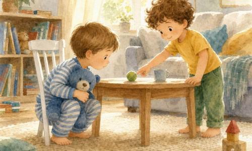 Ci sono due bambini: Leo, circa 4 anni, capelli castano chiaro corti, viso rotondo, in pigiama a righe blu e bianco con un grande orsacchiotto blu sotto il braccio, accovacciato a sinistra vicino a una sedia che guarda il tavolo; Tommi, circa 4 anni, capelli ricci castani, naso piccolo e sorriso, in maglietta gialla e pantaloni verdi, in piedi a destra del tavolo a mano tesa verso una piccola palla verde. Luogo: una stanza giorno-living luminosa con grande tappeto crema, tavolino in legno chiaro al centro, sedia bianca, libreria bassa a sinistra, divano sullo sfondo e tende leggere che lasciano passare una calda luce mattutina. Situazione: i due piccoli detective trovano l’ultima pallina verde sul tavolo; mani che si avvicinano alla palla, volti gioiosi, giocattoli sparsi (una macchinina rossa sul tappeto, un libro aperto), colori morbidi e effetto acquerello, atmosfera tenera e curiosa.