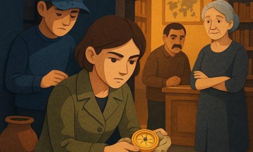 Nora, joven detective de rostro concentrado y ojos decididos, con abrigo caqui y cabello castaño corto, se arrodilla sosteniendo con delicadeza una pequeña brújula brillante envuelta en un paño viejo; Dani, adolescente de unos 16 años con gorra azul manchada de pintura y manos algo sucias, está detrás a la izquierda con la cabeza baja y mirada culpable; Elvira, librera de unos 60 años, dulce, pelo gris recogido, vestido sobrio, de pie junto al mostrador a la derecha con las manos cruzadas y el rostro aliviado y conmovido; Mauro, hombre de mediana edad y aspecto robusto con suéter de trabajo y fregona en la mano, permanece en la penumbra con mirada preocupada y suelas de patrón zigzag visibles; la escena ocurre en el patio interior de una antigua biblioteca con suelo de losas gastadas, una gran maceta de barro que proyecta una sombra triangular, una vitrina frente a estantes de libros y un póster de atlas; la luz cambia de tonos dorados interiores a fríos del patio creando sombras marcadas; Nora descubre la brújula oculta en un sobre pegado detrás de la maceta y la luz revela el secreto, resolviendo la tensión y apaciguando el misterio; detalles gráficos: texturas como papeles superpuestos con bordes visibles, sombras pronunciadas y colores contrastados (azul marino, caqui, ocre, gris), pequeños elementos realistas como hilo de pescar fino, trozo de cinta plateada y una gota de pintura azul.