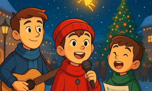 Hay 3 personajes: - Lucas, un niño de 10 años, tiene ojos brillantes y mejillas rosadas, lleva un gorro rojo y está de pie en el centro, sosteniendo un micrófono. - Tomás, un niño alto y delgado de 10 años, con una bufanda azul alrededor del cuello, está a la izquierda de Lucas, tocando la guitarra. - Martín, un niño de 10 años, más pequeño pero con una voz fuerte, está a la derecha de Lucas, sosteniendo una partitura. El lugar es una plaza de pueblo nevada, iluminada por guirnaldas de colores y farolas antiguas. Un gran árbol de Navidad decorado se alza en el fondo, rodeado de familias abrigadas con chaquetas cálidas. La situación principal muestra a los tres niños formando un pequeño coro de Navidad, cantando con entusiasmo bajo un cielo estrellado. Los copos de nieve caen suavemente a su alrededor, añadiendo un toque mágico a la escena. Un hada luminosa, apenas visible para los espectadores, vuela sobre ellos, esparciendo un resplandor dorado.