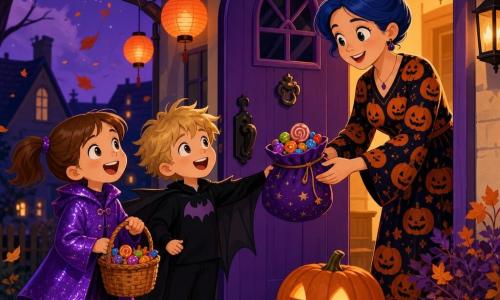 Sofia, 6 anni, sorridente e meravigliata, capelli castani in due codini, con un piccolo cesto di dolci davanti a una porta viola; Leo, 6 anni, gioioso e birichino, capelli biondi spettinati, in costume nero da pipistrello con grandi ali, accanto a lei che guarda la porta; la proprietaria, circa 40 anni, volto dolce e capelli blu chiaro raccolti in uno chignon, in abito a stampa di zucche, apre la porta porgendo una bustina di dolci magici; casa piccola con porta viola, grande zucca intagliata sullo zerbino, ghirlande arancioni e lanterne appese, foglie arancioni che volteggiano; crepuscolo con luce calda di un lampione, cielo viola profondo e luna a falce; situazione: i bambini scoprono la "casa delle sorprese" e ricevono dolci magici, meraviglia condivisa, atmosfera calda e lievemente misteriosa.