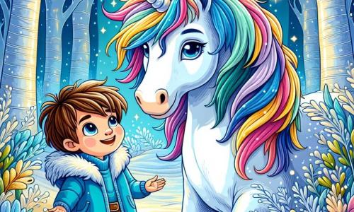 Een prachtige eenhoorn met een golvende manen in regenboogkleuren staat trots in het midden van het toneel. Haar grote, glanzende ogen stralen nieuwsgierigheid en vriendelijkheid uit terwijl ze naar een jongetje kijkt. Het jongetje, ongeveer 8 jaar oud, heeft rommelig bruin haar en draagt een heldere blauwe jas. Hij glimlacht verwonderd en komt dichterbij de eenhoorn, terwijl hij zijn hand uitsteekt om haar te aaien. De omgeving is een betoverd bos, vol majestueuze bomen met zilveren stammen en glinsterende bloemen die lijken te stralen in het zonlicht. Sneeuwvlokken vallen zachtjes om hen heen en creëren een magische en vredige sfeer. Het belangrijkste moment toont de ontmoeting tussen de eenhoorn en het jongetje, een moment van verwondering en verbinding, terwijl ze zich voorbereiden om vrienden te worden in deze feeërieke wereld.