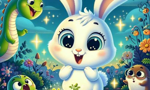Un adorabile coniglio con una pelliccia bianca splendente e grandi orecchie, con un'espressione di sorpresa, si trova al centro dell'immagine, guardando una carota magica scintillante. A sinistra, un piccolo drago verde con squame brillanti e un sorriso malizioso sembra pronto a volare, mentre a destra una talpa esuberante con occhiali rotondi scava nel terreno, circondata da fiori colorati. Sullo sfondo, un giardino fantastico pieno di piante parlanti e fiori cantanti, sotto un cielo blu che cambia colore, crea un'atmosfera magica. La scena cattura il momento in cui il coniglio scopre la carota magica, illuminata da una luce dorata, mentre i suoi amici lo circondano, pronti per una nuova avventura.