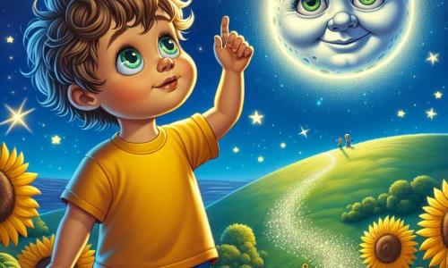 A 4-year-old boy named Leo, with bright eyes and curly hair, stands on a green hill, his face lit with wonder. He wears a bright yellow t-shirt and blue shorts, raising one hand towards the starry sky as if he wants to touch the stars. Next to him, the Old Moon, a soft, round figure with a smiling face and sparkling eyes, floats in the night sky, casting a silver light that illuminates the shimmering path. The peaceful hill is surrounded by golden sunflower fields swaying gently in the night breeze, with a sky filled with twinkling stars and a bright full moon. The main scene shows Leo, in awe, ready to follow the starry path ahead, seeking to discover the meaning of happiness under the watchful gaze of the Old Moon.