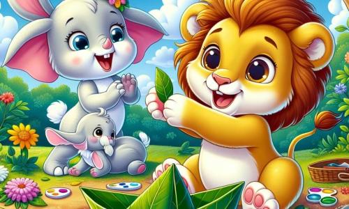 Il piccolo Leo, un leoncino dai peli dorati e dagli occhi curiosi, è seduto su un tappeto di fiori colorati, con un sorriso radioso sul volto, mentre tiene una barchetta di carta che ha appena realizzato. Accanto a lui, Lily, una coniglietta dalle grandi orecchie e dal pelo bianco, salta di gioia, i suoi occhi brillanti di eccitazione, osservando la barchetta galleggiare in un ruscello scintillante. Eli, un giovane elefante con una pelle grigia morbida e guance rosa, si trova un po' indietro, ridendo e applaudendo, mentre tiene una tavolozza di colori. La scena si svolge accanto a un ruscello limpido, circondato da alberi maestosi con foglie verdi brillanti, sotto un cielo blu punteggiato di nuvole bianche e soffici. Leo e i suoi amici celebrano la loro creatività e amicizia, godendo della bellezza della natura mentre si divertono insieme, lontano dagli schermi.