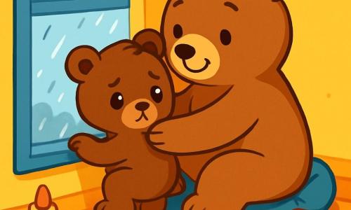 A small brown bear with round, bright eyes stands by a window, looking sad as he watches raindrops slide down the glass, his little paws resting on the sill. Next to him, a large, gentle bear with silky fur and a comforting smile gives him a warm hug. She appears loving and attentive, sitting on a soft cushion. The room is filled with bright colors, featuring yellow walls and toys scattered on the floor. Outside, a gray, rainy sky contrasts with the warmth inside. The bear cub and his mom share a tender moment, surrounded by colored pencils and white sheets, ready to paint and comfort each other.
