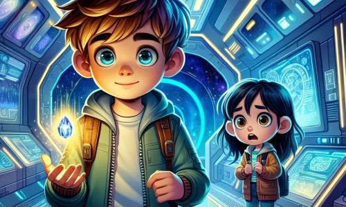 Ein 12-jähriger Junge, Lukas, mit zerzausten braunen Haaren und neugierigen Augen, steht in einem futuristischen Korridor der Raumstation. Sein Gesicht zeigt eine Mischung aus Überraschung und Aufregung, während er einen kleinen leuchtenden Kristall in der Hand hält. Neben ihm schaut seine beste Freundin Aylin, ein 12-jähriges Mädchen mit langen schwarzen Haaren, mit weit aufgerissenen Augen und zusammengezogenen Augenbrauen auf den Kristall. Der Korridor ist mit silbernen Paneelen und blinkenden blauen Lichtern dekoriert, mit Fenstern, die auf die sternenreiche Weite des Kosmos blicken. Holographische Bildschirme zeigen wissenschaftliche Daten und Bilder ferner Sterne. Die Hauptsituation zeigt Lukas und Aylin, die den geheimnisvollen Kristall entdecken, der ein sanftes Licht ausstrahlt und von einer Aura des Geheimnisses umgeben ist. Seltsame Symbole schweben um sie herum und deuten auf eine extraterrestrische Botschaft hin, während eine Atmosphäre von Abenteuer und Neugier die Luft erfüllt.