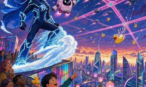 Neon Nimbus, a smiling determined man with warm brown skin in a midnight-blue suit with pale blue electric lines and a small floating cape, stands semi-profile on a skyscraper roof shaping a pale blue-white cloud ramp beneath his boots while looking skyward; his round cheerful assistant robot POM-POM, white with neon-pink accents, hovers at his left sparking and alerting the crowd below on a glass terrace—including a ~9-year-old girl waving a yellow rubber duck and a ~10-year-old boy pointing up—overlooking rainbow-reflective towers of Starbridge City with tulip-shaped streetlights and the Sky-Grid: pink-and-turquoise lightways where drones trace sparks and drop rubber ducks; chaotic but playful urban sky, drones circling and dropping ducks, and Neon Nimbus creates a luminous cloud ramp to intercept them, dynamic scene, vivid colors and strong neon-twilight contrast.