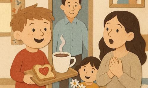 Ein 6-jähriger Junge, stolz und glücklich, rundes Gesicht mit Sommersprossen und zerzaustem hellbraunem Haar, hält ein Holztablett mit einer dampfenden Tasse Kakao und einer kleinen Scheibe Brot mit einer herzförmigen Erdbeere; seine etwa 3-jährige Schwester Mia mit braunen Zöpfen steht lächelnd dahinter und hält einen kleinen Strauß Gänseblümchen; die Mutter, etwa 35, sitzt auf dem Bett, langes offenes Haar, überrascht und gerührt, die Hände ans Herz gerückt, blickt zu den Kindern; der Vater, etwa 37, steht lächelnd im Türrahmen in lockeres Hemd gekleidet und beobachtet die Szene liebevoll; das Zimmer ist hell und zart mit pastellfarbenen Wänden, einem Fenster mit Blumenvorhang, einer gestreiften Bettdecke, verstreuten Papier-Spielzeugen und einem großen Fotorahmen an der Wand; Hauptsituation: überraschender Frühstücksbesuch der Kinder zum Frühstück ans Bett für die Mutter, warme familiäre Atmosphäre, gestaltet in einfachen Papier-Ausschnittformen mit Papiertexturen, sichtbaren Kanten und weichen Schatten.