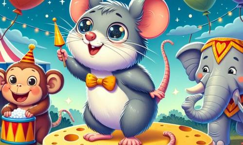 Ein kleiner Ratte namens Rudi, mit grauem Fell und funkelnden Augen, steht auf einem Käsefass und lächelt breit. Er trägt einen kleinen roten Papierpfeil um den Hals, und seine Schnurrhaare zittern vor Aufregung. Neben ihm lacht ein fröhlicher Affe namens Max, mit braunem Fell und einer großen Banane in der Hand, während er mit Kokosnüssen jongliert. Im Hintergrund spritzt eine Elefantin namens Olga, mit grauer Haut und großen Ohren, lachend Wasser, was eine fröhliche Szene schafft. Der Ort ist eine weite Zoo-Wiese, beleuchtet vom Mond, mit funkelnden Sternen darüber und Tiergehegen im Hintergrund. Die Hauptsituation zeigt Rudi und seine Freunde, die eine Zirkusaufführung proben, mit bunten Ballons, die in der Luft schweben, und Lachen, das um sie herum hallt.