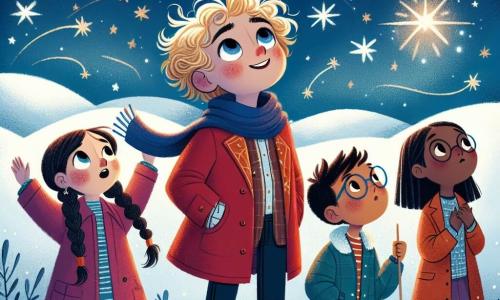 A 12-year-old boy, Oliver, with curly golden hair and sparkling curious eyes, stands atop a snowy hill, smiling as he gazes at the starry sky. He wears a bright red coat and a blue scarf that flutters slightly in the wind. Beside him is his best friend Lily, an 11-year-old girl with braided brown hair and rosy cheeks, raising her arms in wonder at the beauty of the stars. A little further back, Milo, a 12-year-old boy with round glasses and a denim jacket, holds a sparkling lantern, while Mia, an 11-year-old girl with glasses and straight hair, studies a star map with a focused expression. The sky is filled with bright stars, and the snow sparkles under the moonlight, creating a magical atmosphere. At the bottom of the hill, colorful lights from the city preparing for New Year's Eve can be seen, with fireworks starting to burst. The main scene shows Oliver and his friends discovering a mysterious lantern that leads them on a magical adventure to celebrate the New Year.