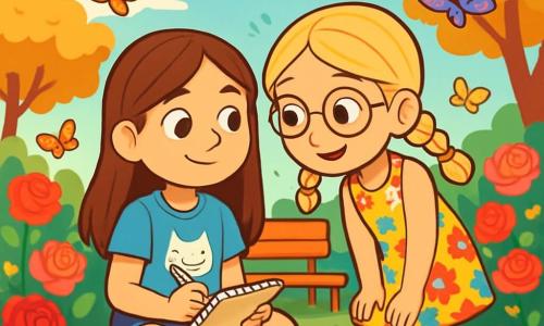 There are two main characters: Olivia, a 10-year-old girl with long brown hair, sparkling eyes, and a sweet smile, wearing a blue t-shirt with a cat design and denim shorts, sitting cross-legged on the grass holding a small notebook; and Mia, also 10, with braided blonde hair, bright green eyes, and round glasses, dressed in a colorful floral dress and sandals, leaning forward next to Olivia with a curious look, ready to listen. The setting is a sunny garden filled with vibrant roses ranging from deep red to delicate pink, with a small wooden bench surrounded by flowers and golden-leaved trees, creating a peaceful and warm atmosphere. The scene shows Olivia and Mia sitting together in the garden, sharing memories of Nana Rose. Olivia writes a letter in her notebook while Mia listens attentively, a gentle smile on her face, as colorful butterflies flutter around them, adding a touch of magic to this moment of tenderness and remembrance.