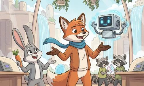 Finley, an anthropomorphic red fox with a blue scarf, smiling and curious, stands center reaching out and speaking enthusiastically; Gesto, a small silver cubic robot with blue LED eyes, floats at shoulder height translating gestures; a gray bunny to Finley’s left, happy and mischievous, shows a shiny carrot while playful raccoons in the background collect glowing crystals. The scene is a futuristic urban council chamber with glass walls, rooftop waterfalls visible, hanging plants, light wood and polished metal furniture and pastel neon lights; it’s a lively, warm, collaborative meeting where everyone understands each other thanks to the translator, with vivid colors, soft rounded composition, readable expressions and dynamic poses.