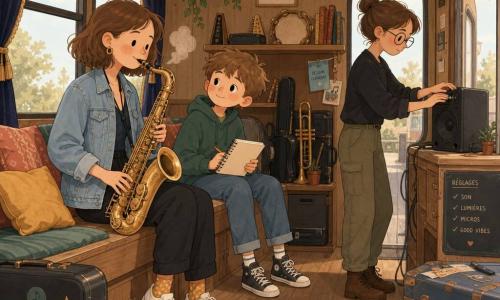 A smiling, focused female musician with short chestnut hair and a light denim jacket plays a tenor saxophone seated on a wooden bench inside an old bus converted into a rolling studio, visible breath like a light cloud; an about 11-year-old boy with curious eyes and a notebook, legs dangling on the same bench, watches her with admiration and a small smile, lit by warm string lights; a female sound technician near the bus door in practical clothes and round glasses adjusts a small black speaker on a table; the interior shows warm wood, colorful cushions, dark velvet curtains, instruments on a shelf and soft intimate light — a calm, warm rehearsal before a show as the musician sustains a long golden note while the boy observes and the technician tweaks the sound.