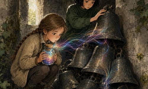 Two girls, Lena (10, light brown braided hair, curious eyes, beige wool jacket) crouches left foreground holding a corked glass jar to her chest as if trapping a whisper; Mira (10, black bob, focused, dark green dust-streaked sweater) stands right behind her with her palm on a vibrating metal bell. Inside a cavity carved in an old stone wall with massive grey pillars, dusty floor and worn circles, a pile of dark metal bells sits center, ivy and moss at the entrance, warm dim light from a narrow opening. They are capturing frightening sounds in jars: stylized colored sound waves emanate from the bells toward the jars; the mood is tense but brave, with deep shadows and bright color accents on the jars and clothes.
