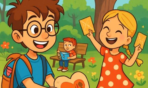 A 12-year-old boy, Max, with messy brown hair, round glasses, and a big joyful smile, is handing a heart-shaped treasure map to a new friend. He wears a bright blue t-shirt and a backpack filled with colorful snacks. Next to him, a 12-year-old girl, Zoe, with braided blonde hair and a red polka dot dress, dances happily, holding two sparkling envelopes. The scene takes place in a sunny park filled with lush green trees, vibrant flowers, and a large oak tree in the center, where children are playing and laughing. In the distance, a wooden bench is occupied by Jamie, a boy in red sneakers, who is reading a comic book while smiling and curiously observing the scene. Max, excited and a bit nervous, invites Jamie to join their Valentine's Day treasure hunt, surrounded by a festive atmosphere and friendly vibes.