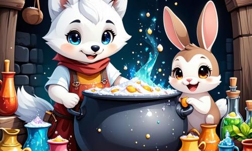 Wally, a small wolf with snow-white fur, sparkling curious eyes, and a radiant smile, stands at the center of the scene, surrounded by colorful pots filled with strange ingredients. He is mixing a magical concoction in a large pot, his expression full of excitement and anticipation. Next to him, Bella, a small rabbit with big ears and brown fur, watches in wonder, her eyes shining with joy. She holds a carrot in her paws, ready to add it to the mixture. In the background, Chef Benny, a wise owl with round glasses, perches on a branch, watching Wally with intrigue, his gray feathers contrasting with the bright green leaves. The scene takes place in a sunny clearing, surrounded by gnarled trees and colorful flowers dancing in the wind, creating a magical and joyful atmosphere. Wally is preparing his dish for the Great Flavor Challenge, a competition where he must create the most original recipe, and he is determined to impress all his friends with his whimsical creation.