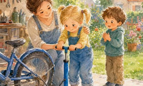Zosia, 4 lata, okrągła twarz i piegi, blond kitki, dumna i skupiona, uśmiechnięta, pompuje niebieską pompką koło roweru; obok stoi matka około 30 lat, jasna karnacja, kasztanowe włosy w kok, serdeczny uśmiech, dłoń na ramieniu córki, zachęcający wzrok; nieco w tyle na trawie Antek, około 5 lat, brązowe rozczochrane włosy, najpierw zaskoczony potem ciekawy, nieśmiało klaszcze; miejsce: otwarty garaż z widokiem na słoneczny ogród, jasny betonowy podjazd, kolorowe narzędzia na ścianie, jaskrawe kwiaty i zielony trawnik, w tle dom z czerwonym dachem; scena ciepła i radosna, współpraca i duma, delikatne ruchy, żywe, ale łagodne kolory, niebieska pompka i błyszczące srebrne nakrętki, drobne ślady oleju.