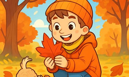 A 10-year-old boy with light brown hair and sparkling curious eyes is crouched on a carpet of autumn leaves, his cheeks flushed with excitement. He wears a bright orange coat and a wool hat, grinning widely while holding a large red leaf in his hands. Next to him, his dog Pip, a small terrier with curly fur and a mischievous look, sniffs a hazelnut on the ground, his tail wagging joyfully. The setting is a park in the peak of autumn, with majestic trees displaying vibrant red, orange, and yellow leaves, and a light blue sky dotted with fluffy white clouds. Sun rays pierce through the branches, illuminating the ground covered in crunchy leaves. The main scene shows the boy hunting for the most beautiful autumn leaves, laughing happily as Pip runs around him, creating a moment of joy and discovery in this colorful natural tableau.