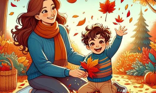 A 2-year-old boy with curly brown hair, a bright smile, and sparkling eyes is sitting in a large pile of colorful autumn leaves, vibrant in yellow, orange, and red. He is wearing a bright blue sweater and beige pants, laughing as he throws leaves in the air. Next to him, his mother, a woman in her 30s with long brown hair and a soft scarf around her neck, smiles while watching her son. She is kneeling, holding a large leaf in her hands, ready to show it to him. The setting is an autumn park with majestic trees displaying fiery leaves, a clear blue sky, and a few fluffy white clouds. The ground is covered with a carpet of fallen leaves, creating a warm and joyful atmosphere. The main scene shows Ben and his mother having fun together, surrounded by leaves, as they create a large leaf house, filled with laughter and happiness.