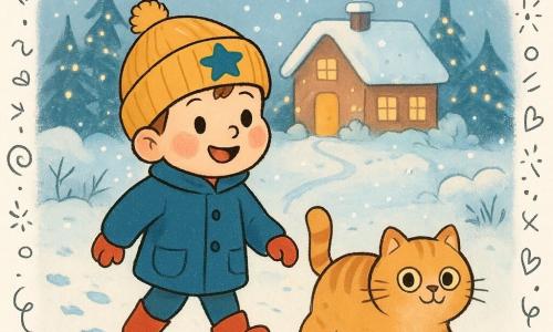 Un niño de 4 años, llamado Nico, con mejillas rosadas y un gorro con estrella, camina alegremente en la nieve. Tiene una sonrisa de asombro y lleva un abrigo azul y botas rojas. A su lado, un gato redondo y esponjoso, con ojos traviesos, camina dejando huellas en la nieve. La escena transcurre en un jardín nevado, salpicado de luces navideñas brillantes y copos de nieve que caen suavemente. Al fondo, una casa acogedora con ventanas iluminadas y humo saliendo de la chimenea. Nico sigue un camino de pequeñas huellas hacia la casa de su abuela, creando un ambiente mágico y festivo.