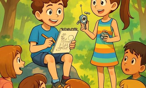 Un chico de 12 años, Lucas, con cabello castaño y rizado, ojos llenos de curiosidad y una sonrisa decidida, está sentado sobre una gran roca brillante en el centro de un claro soleado. Lleva una camiseta azul y un pantalón corto de mezclilla, sosteniendo un cuaderno de bocetos en una mano mientras dibuja ideas de invenciones. A su lado, Emma, una niña de 11 años con cabello largo y liso atado en una coleta, viste un vestido colorido y zapatillas. Ella mira a Lucas con admiración, sosteniendo un pequeño aparato que construyeron juntos, llena de energía y entusiasmo. El lugar es un claro verde rodeado de grandes árboles con hojas de un verde brillante, con rayos de sol filtrándose a través de las ramas y creando patrones luminosos en el suelo. Flores coloridas adornan el suelo, añadiendo un toque de magia al entorno. La situación principal muestra a Lucas y Emma compartiendo sus ideas con un grupo de niños reunidos a su alrededor, todos cautivados por su pasión por la invención y la igualdad de género. Las caras de los niños expresan asombro e inspiración, mientras escuchan atentamente, listos para soñar y crear juntos.