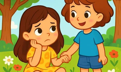 Hay 2 personajes principales: - Marta: una niña de 7 años con largos cabellos castaños y ojos brillantes. Lleva un vestido amarillo con flores y sandalias rosas. Está sentada en la hierba, con las piernas cruzadas, pensando. - Lucía: una niña de 6 años con cabello corto y rizado, de color castaño. Lleva una camiseta azul y un short de mezclilla. Está de pie junto a Marta, tomándole la mano con una sonrisa reconfortante. El lugar donde ocurre la situación principal es un parque verde, lleno de grandes árboles de hojas verdes brillantes. Flores coloridas, como margaritas blancas y amapolas rojas, salpican la suave hierba. A lo lejos, se ve un cielo azul claro con algunas nubes blancas esponjosas. La situación principal de la historia muestra a Marta y Lucía conversando seriamente, sentadas en la hierba, rodeadas de flores. Marta parece pensativa, mientras Lucía le explica con dulzura cómo mantener los recuerdos de los seres queridos en su corazón.