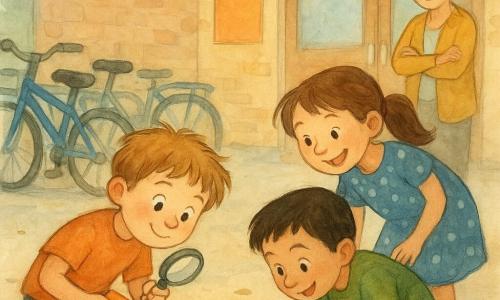 Un niño de 8 años, Nico, rostro redondo y cabello castaño claro despeinado, arrodillado junto a un casillero de bicicletas con un papel naranja doblado y una lupa; una niña de 8 años, Sara, coleta castaña y vestido azul a lunares, señalando el suelo; un niño de 8 años, Hugo, pelo negro corto y camiseta verde, agachado con una linterna mirando bajo una bici; una mujer adulta, Maribel, unos 40 años, pelo gris recogido y chaleco mostaza, sonriente con los brazos cruzados; lugar: casillero metálico y patio escolar soleado con bicicletas coloridas y la gran puerta de la sala polivalente al fondo; situación: alegre escena de investigación infantil al encontrar un trozo del cartel naranja entre las bicis, luz acuarelada y colores cálidos que transmiten amistad y aventura.