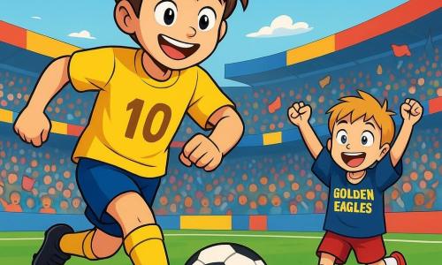 Marco, a 12-year-old boy, is on the football field, beaming with joy and determination. He wears a bright yellow jersey with the number 10, his messy brown hair and a big smile illuminating his face. He skillfully dribbles the ball, his eyes sparkling with excitement. Nearby, Timmy, a 7-year-old boy, wears an oversized Golden Eagles jersey, his blue eyes shining with admiration. He jumps in place with his arms raised, encouraged by Marco's energy. The scene is set in a vibrant stadium filled with joyful fans, waving flags, and colorful banners. The well-maintained green grass contrasts with the bright blue sky dotted with fluffy white clouds. The image captures Marco in action, ready to score a crucial goal, while Timmy enthusiastically cheers him on, creating an atmosphere of camaraderie and passion for football.