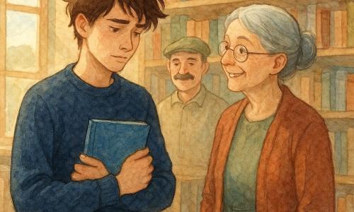 Matteo, un giovane di diciassette anni con capelli castani arruffati e uno sguardo concentrato, tiene un quaderno blu tra le mani. Indossa un maglione blu scuro e jeans, e sembra sollevato ma pensieroso. Accanto a lui, Lina, la bibliotecaria anziana con capelli grigi raccolti e occhiali sul naso, sorride calorosamente. Sullo sfondo, Renato, il custode di mezza età con baffi e berretto verde, osserva con sollievo. La scena si svolge in una biblioteca luminosa con scaffali di legno pieni di libri colorati e una grande finestra che lascia entrare la luce del sole. Matteo ha risolto il mistero del quaderno scomparso, circondato dai personaggi chiave della storia, in un'atmosfera calda e accogliente.