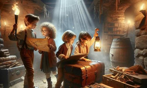 Quattro piccole avventuriere si trovano in un sotterraneo polveroso e misterioso, pieno di vecchie valigie e libri antichi. Giulia, una ragazza di 10 anni con i capelli ricci e castani, è al centro con una torcia che illumina il suo viso curioso e determinato. Alla sua destra, Martina, una ragazza di 9 anni con occhiali e capelli lisci, esamina una vecchia mappa con uno sguardo concentrato. A sinistra, Sara, una ragazza di 10 anni con i capelli corti e biondi, è accovacciata, pronta a frugare in una valigia di legno. Infine, Alice, una ragazza di 9 anni con capelli castani e un sorriso splendente, si piega per guardare sopra la spalla di Martina, affascinata dalla mappa. Il sotterraneo è buio, con raggi di luce che filtrano attraverso le crepe nel soffitto, illuminando la polvere nell'aria. Le pareti sono di pietra e ragnatele pendono negli angoli, aggiungendo un tocco di avventura all'atmosfera. Le quattro amiche scoprono un antico baule di legno e i loro occhi si illuminano di eccitazione mentre si preparano ad aprirlo, pronte a rivelare i segreti che contiene.