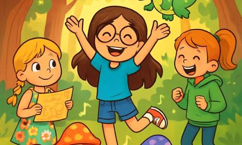 Ci sono 3 personaggi: - Nina: una ragazza di 10 anni, con lunghi capelli castani e occhiali rotondi. Indossa una maglietta blu e un pantaloncino di jeans. Sta ballando gioiosamente tra i funghi colorati. - Sofia: una ragazza di 10 anni, con capelli biondi intrecciati e un sorriso malizioso. Indossa un vestito a fiori e tiene una mappa del tesoro in mano, guardandosi intorno con curiosità. Si trova a sinistra di Nina. - Marta: una ragazza di 10 anni, con capelli rossi raccolti in una coda di cavallo e lentiggini sul viso. Indossa una felpa verde e leggings. Sta ridendo, in piedi a destra di Nina, guardando i funghi danzanti. La scena si svolge in una radura incantata, circondata da alberi con tronchi spessi e foglie scintillanti. Funghi colorati, dalle forme strane, danzano al ritmo di una musica invisibile, creando un'atmosfera magica e gioiosa. La luce del sole filtra tra i rami, illuminando la scena con una dolce luce dorata. Le tre amiche ballano e ridono intorno ai funghi, con espressioni di gioia e meraviglia sui volti, mentre un dragoletto amichevole, con squame verdi e ali di carta, le osserva sorridendo, aggiungendo un tocco di fantasia all'insieme.