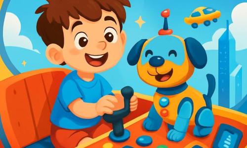A 6-year-old boy named Max, with messy brown hair and sparkling joyful eyes, is sitting in a shiny rocket ship cockpit, smiling in wonder. He wears a bright blue t-shirt and red shorts, his small hands gripping the joystick. Next to him, Tinkerbot, a friendly robot with round shapes and bright colors, transforms into a wagging robotic dog, displaying a joyful face and blinking lights on its body. The cockpit is filled with colorful buttons and bright screens, while outside, the sky is a brilliant blue dotted with fluffy white clouds and the futuristic Sparkling City below, with its sparkling glass buildings and flying cars. The scene shows Max and Tinkerbot soaring through the air, surrounded by twinkling stars, illustrating their grand adventure in a world full of magic and discovery.