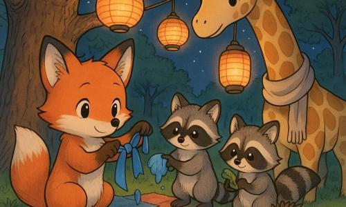 Milo, a small red fox with soft fur, bright eyes and a shy smile, calmly ties a vivid blue ribbon around a low branch of a large oak while two mischievous but helpful raccoon twins hand him the wet ribbon and wipe a leaf; a long-necked giraffe wearing a soft scarf leans back, forming a bridge with its head so the animals can reach a higher hanging lantern, and a small round hedgehog holding a leaf with the song list sits on a polka-dot blanket by Milo's feet in a nighttime park under the oak lit by warm orange-yellow paper lanterns, colorful blankets on green grass and bowls of fruit and biscuits nearby, creating a gentle, collaborative scene with sparkling lanterns, long shadows and a soft starry sky.