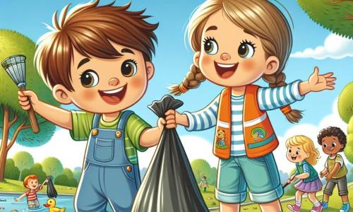 A 4-year-old boy named Noah, with messy brown hair and a big smile, is wearing green shoes and a blue hat. He is picking up trash in a park, showing an expression of pride and joy. Next to him, a 5-year-old girl with braided blonde hair and wearing an orange vest encourages him with a big smile while holding a large bag of trash. The park is filled with tall trees with bright green leaves, colorful flowers, and a small pond with swimming ducks. The sky is blue with a few white clouds, and the sun is shining, illuminating the scene. Noah and the girl are surrounded by other smiling children who are also picking up trash to keep the park clean. They are working together, demonstrating the importance of caring for nature and the environment.