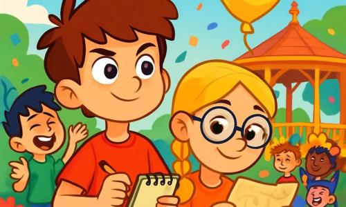 Um menino de 8 anos, Lucas, com cabelos castanhos bagunçados e olhos brilhantes de curiosidade, está no centro da imagem. Ele usa uma camiseta vermelha vibrante e um short azul, segurando um pequeno caderno em uma mão e um lápis na outra, com uma expressão determinada e entusiasmada. Ao lado dele, sua melhor amiga Bia, uma menina de 8 anos com longos cabelos loiros trançados e óculos redondos, observa atentamente um mapa antigo que segura nas mãos, com um sorriso travesso no rosto. Um pouco atrás, Pedro, um menino de 8 anos com cabelos negros e sardas, faz gestos exagerados enquanto conta uma piada, fazendo Bia rir. A cena acontece em um parque colorido, cheio de confetes flutuantes e decorações de carnaval, com um grande coreto de madeira ao fundo, cercado por flores vibrantes e crianças em fantasias festivas. No primeiro plano, Lucas, Bia e Pedro estão em plena investigação, examinando um balão dourado que flutua levemente acima deles, enquanto um grupo de crianças os observa com curiosidade, todos cativados pela aventura.