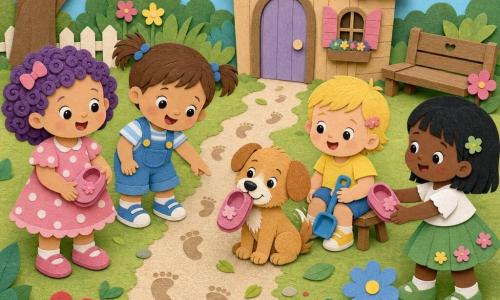 Há cinco personagens: Lila, menina de 2 anos, cabelos cacheados violetas, vestido de bolinhas rosa, à esquerda, segurando um sapatinho rosa e sorrindo; Ana, menina de 2 anos, cabelos castanhos em rabo, jardineira azul, no centro-esquerdo, apontando pequenas pegadas no chão; Bia, menina de 2 anos, cabelos loiros curtos, camiseta amarela, sentada em um banquinho no centro-direito, segurando uma pequena pá de plástico; Cora, menina de 2 anos, cabelos pretos lisos, saia verde, à direita, oferecendo o outro sapatinho rosa a Lila; e um cachorrinho macho, pelo caramelo com focinho branco, sentado entre Ana e Bia, segurando o outro sapatinho rosa na boca, abanando o rabo. O cenário é um jardim ensolarado visto de perto, grama verde-claro em estilo papel recortado, flores coloridas simples e uma casinha de madeira ao fundo com um caminho de cascalho coberto de folhas e pegadas. Situação: as quatro pequenas detetives reencontram o sapatinho perdido graças ao cachorro; cena alegre, sapatinhos rosas combinando, pegadas levando à casinha, expressões luminosas e gestos de partilha, paleta em tons pastéis e contrastes nítidos típicos do papel recortado.