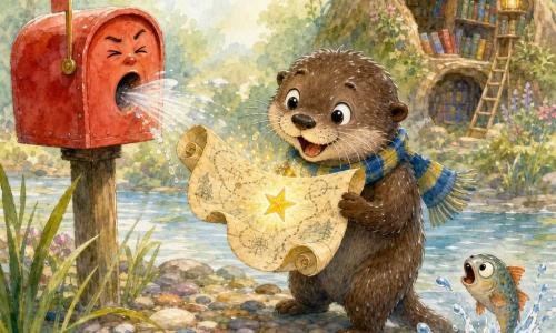 Pip, a juvenile otter with glossy chocolate fur and curious round eyes, beams in wonder while holding an unrolled map adorned with a small golden star; wearing a blue-and-yellow striped scarf with wet whiskers, Pip leans forward as if the map had just spoken. A bright red anthropomorphic mailbox with a smiling mouth and furrowed brows, mounted on a wooden post to Pip’s left, sneezes the map out. A small fish in the lower right, half-air half-water with a surprised, wide-eyed expression, jumps from a splash to watch. The scene is on the bank of Wobblebrook: multicolored pebbles, swaying grasses, spotted lily pads, and a hollow-trunked library tree lined with books. The mood is whimsical and joyful, with vivid pastel colors, slightly wavy lines, watercolor splashes around the characters, and soft late-morning light, capturing the exact moment the golden-starred map draws Pip’s attention after being expelled by the sneezing mailbox.